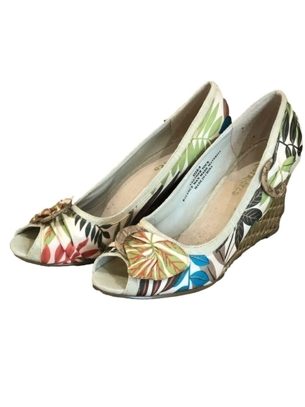 RESTRICTED tropical print peep-toe espadrilles. Leather and fabric. Size 9